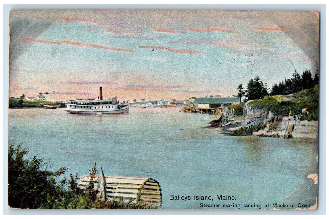 1908 Steamer Ship Making Landing At Mackerel Cove Baileys Island ME Postcard
