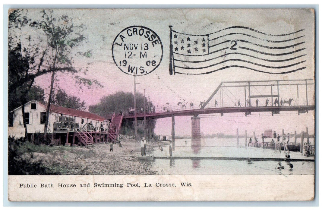 1908 Public Bath House And Swimming Pool La Crosse Wisconsin WI Antique Postcard