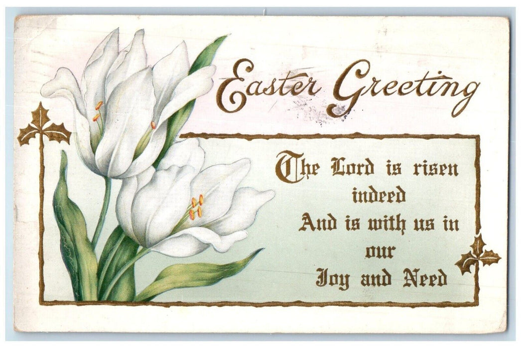1914 Easter Greeting White Lilies Flowers Embossed Posted Antique Postcard