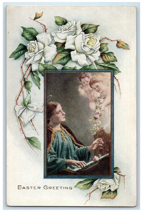 c1910's Easter Greeting Woman Playing Piano White Roses Embossed Postcard