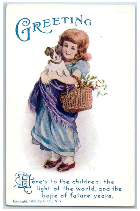 c1910's Greeting Girl Holding Dog Puppy Holly Berries In Basket Antique Postcard