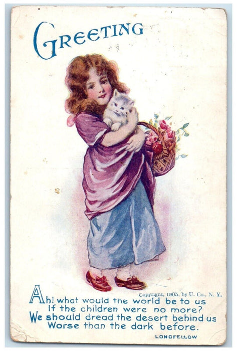 1910 Greeting Girl Holding Cute Cat Kitten Flowers In Basket Antique Postcard