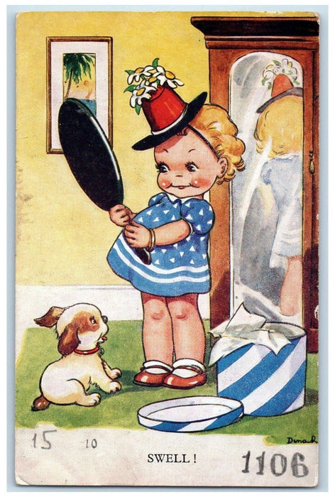 c1910's Little Girl Mirror Gift Flowers Hat Puppy Dog Swell Tuck's Postcard