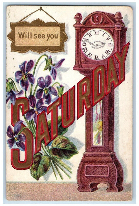 Saturday Large Letters Pansies Flowers Clock Nash Mount Pleasant IA Postcard