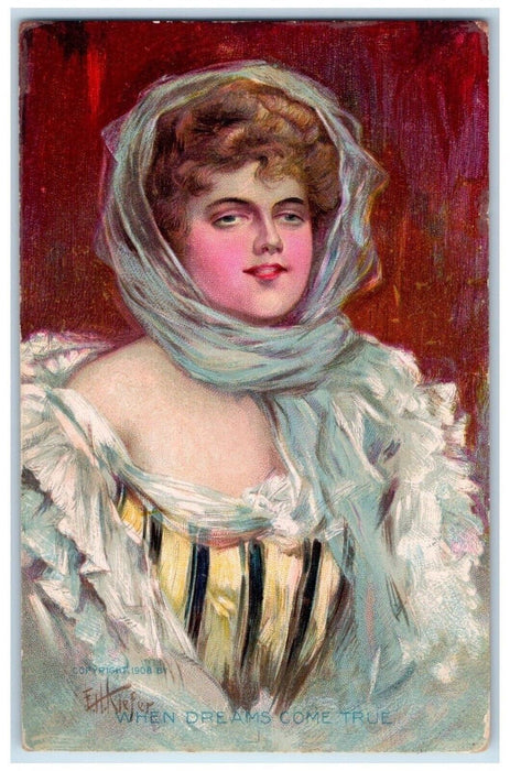 c1910's Victorian Woman Sleeveless Scarf When Dreams Come True Bamforth Postcard