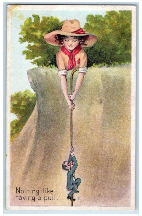 1915 Woman Pulling Man Rope Nothing Like Having A Pull RPO Antique Postcard