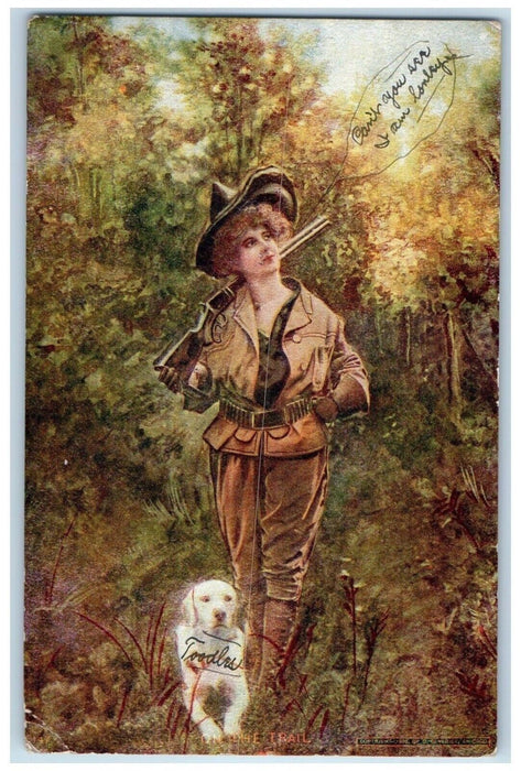 1907 Woman Military Soldier And Dog On The Trail Streator Illinois IL Postcard