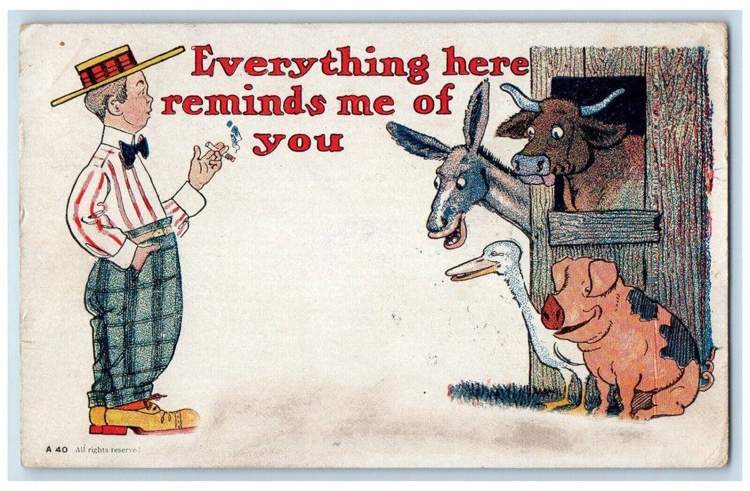 1905 Man Cigarette Smoke Animals Everything Here Reminds Me Of You Postcard