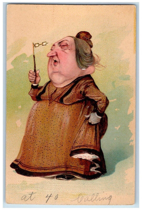 c1910's Fat Old Woman Holding Glasses Embossed Posted Antique Postcard