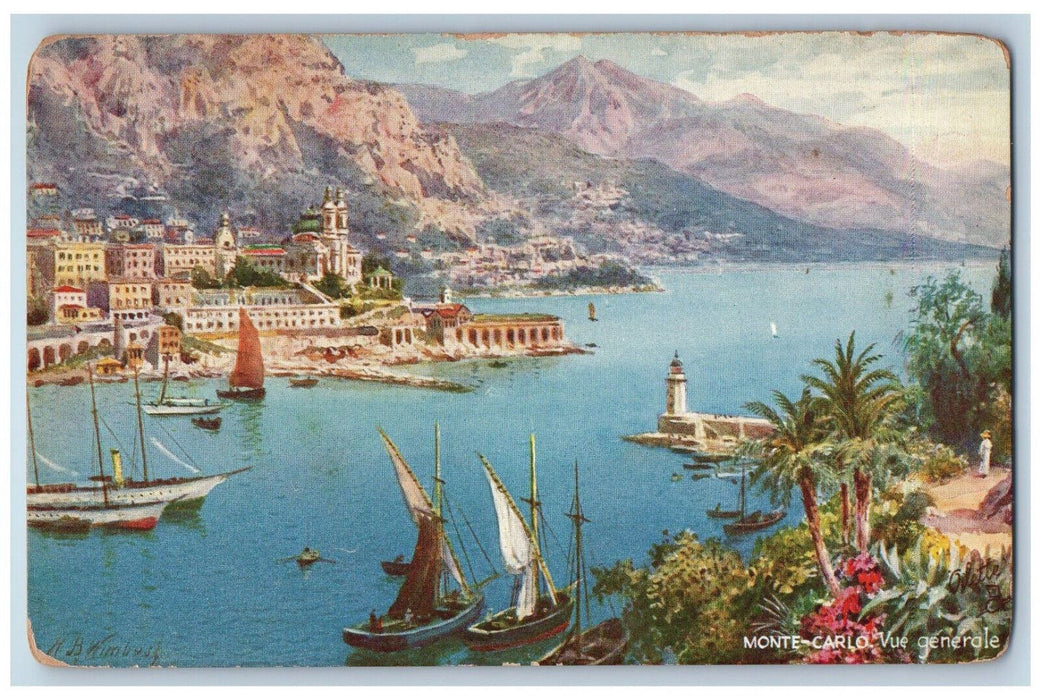 c1910 General View Schooner Boat in Monte Carlo Monaco Oilette Tuck Art Postcard
