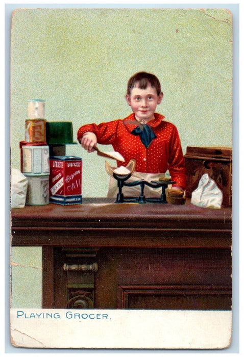 1908 Little Man Playing Grocer Oakhill Illinois IL Tuck's Antique Postcard