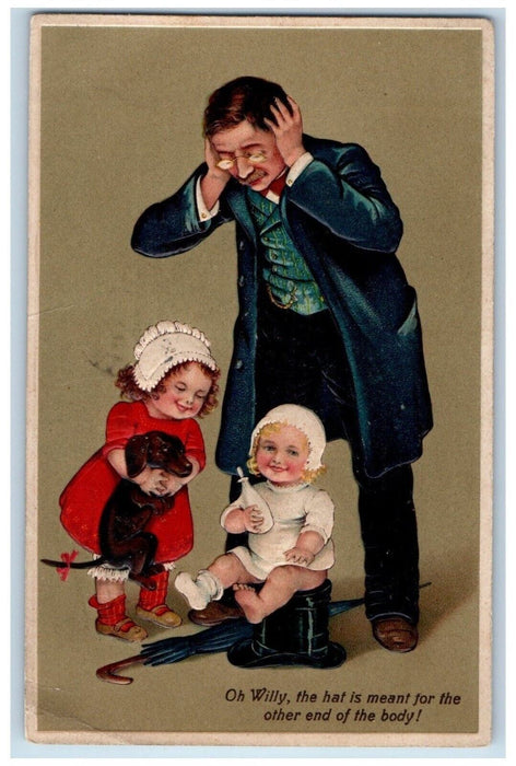 1909 Angry Father Toddler Sitting The Hat Bottle Cute Dachshund Dog Postcard