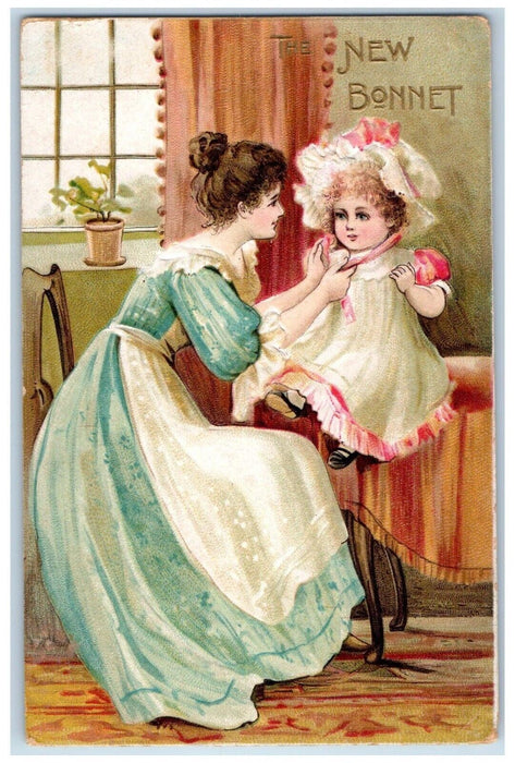 c1910's Pretty Woman Little Girl New Bonnet Embossed Posted Antique Postcard