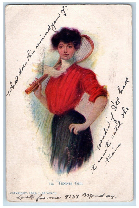 1907 Pretty Woman Tennis Girl Bay City Michigan MI Posted Antique Postcard