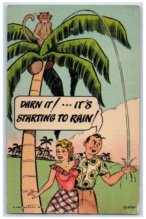 c1930's Sweet Couple Romance Monkey On Top Of Coconut Tree Peeing Postcard