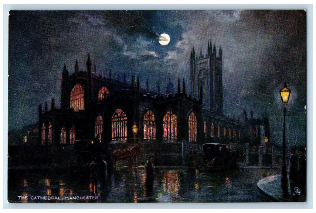 c1910 The Cathedral at Moonlight Manchester England Oilette Tuck Art Postcard