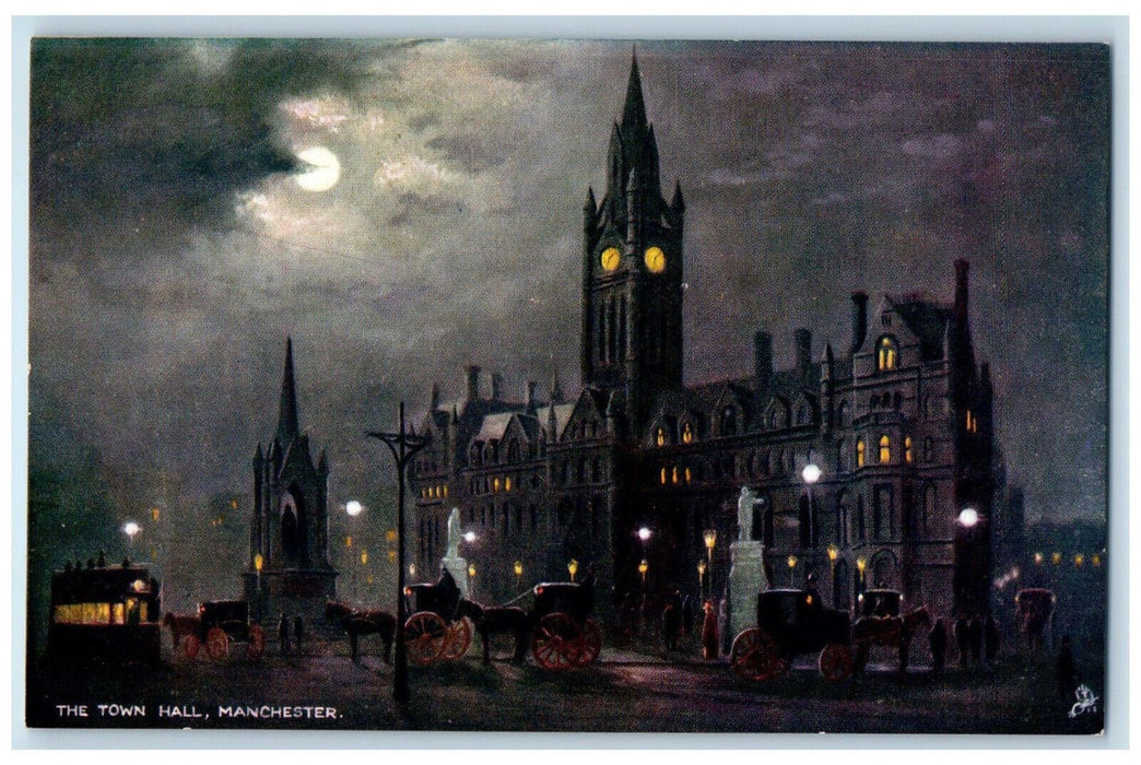 c1910 The Town Hall at Moonlight Manchester England Oilette Tuck Art Postcard