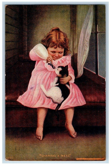 1908 Little Girl Feeding Cat Milk Bottle Sharing Meal Hanover PA Posted Postcard