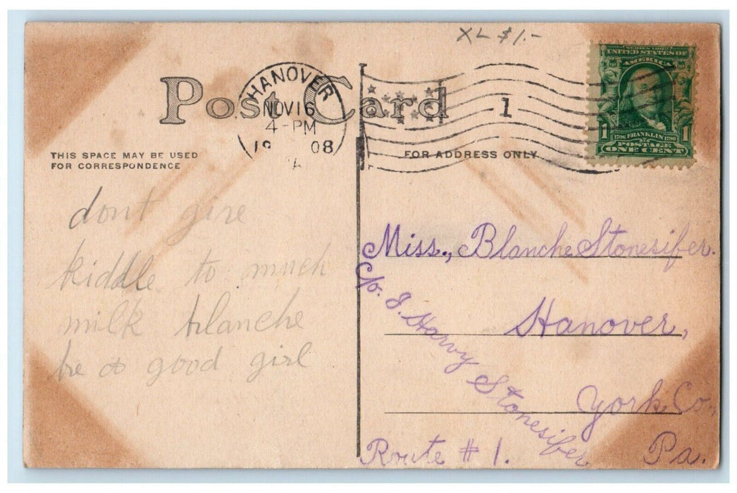 1908 Little Girl Feeding Cat Milk Bottle Sharing Meal Hanover PA Posted Postcard