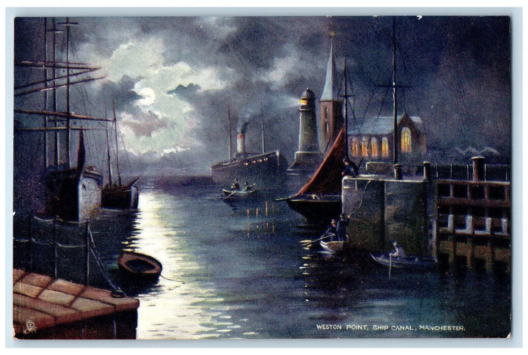 c1910 Night at Weston Point Ship Canal Manchester Oilette Tuck Art Postcard