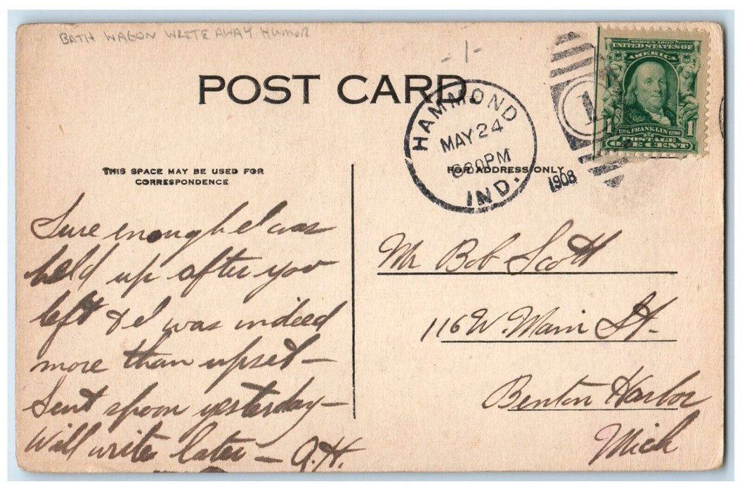 1908 Bath Horse Wagon Write Away Humor Hammond Indiana IN Antique Postcard