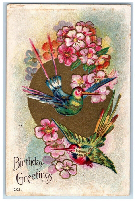 c1910's Birthday Greetings Humming Birds Flowers Embossed Antique Postcard