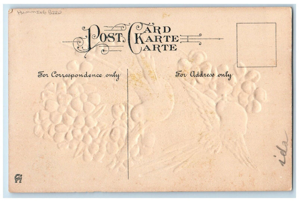 c1910's Birthday Greetings Humming Birds Flowers Embossed Antique Postcard