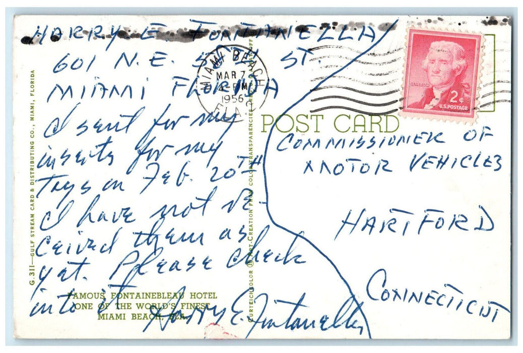 1956 View Of Famous Fontainebleau Finest Hotel Miami Beach Florida FL Postcard