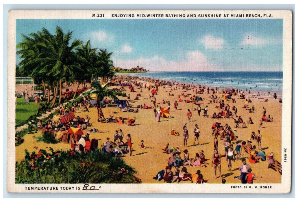 1933 Enjoying Mid-winter Bathing And Sunshine At Miami Beach Florida FL Postcard