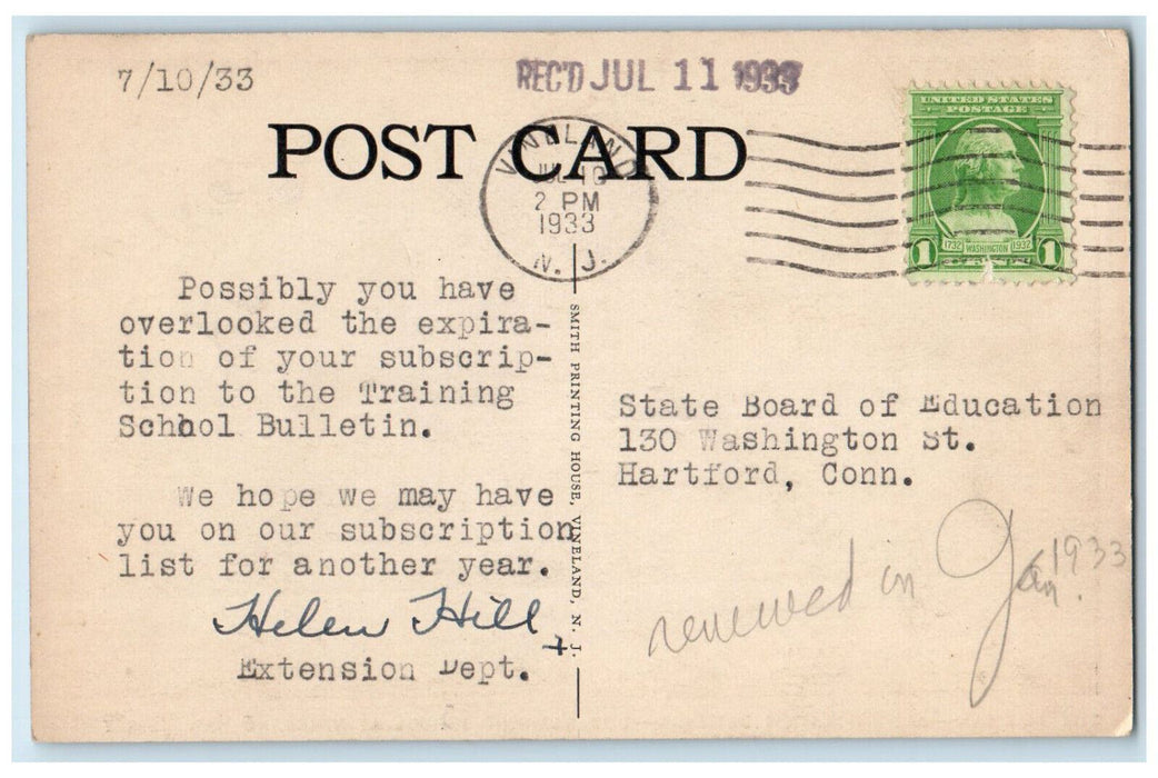 1933 The Maxham Administration Building Training School At Vineland NJ Postcard