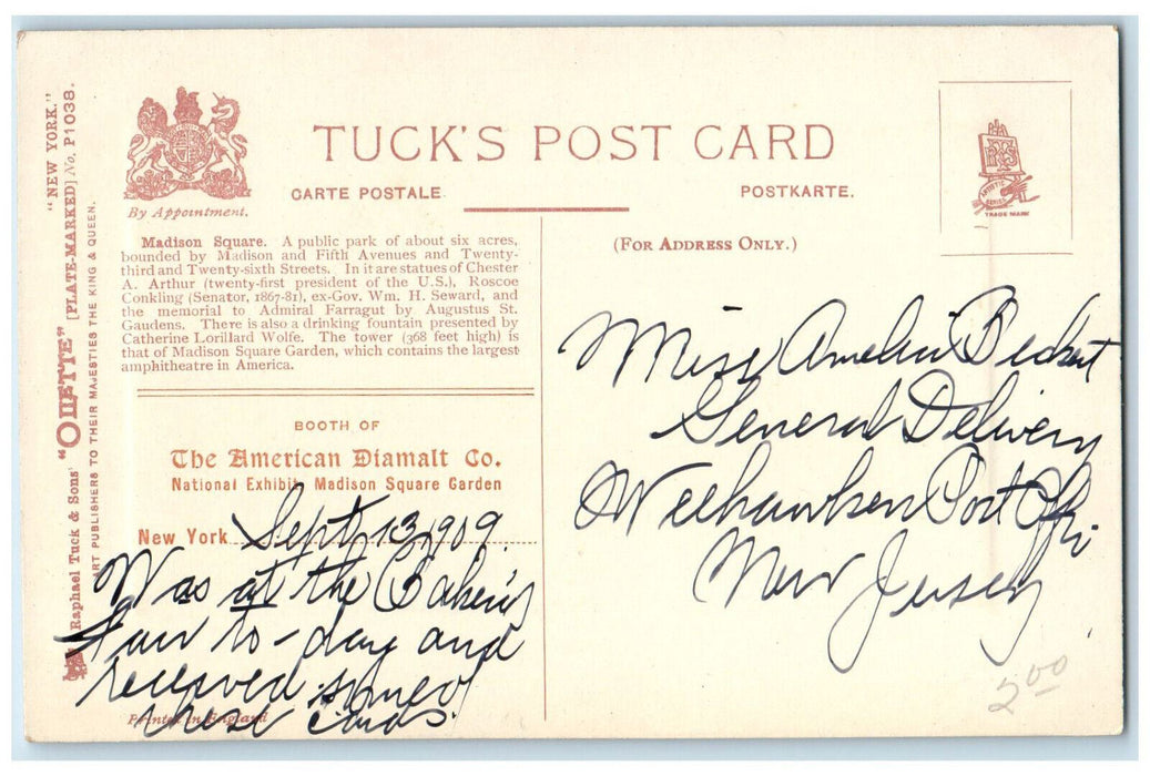1909 The American Diamalt Co. Madison Square NY Oilette Tuck Art Postcard
