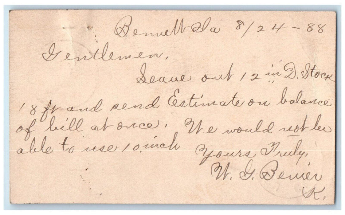 1888 WJ Young & Co. Lumber Order Bennett Iowa IA Clinton IA Postal Card