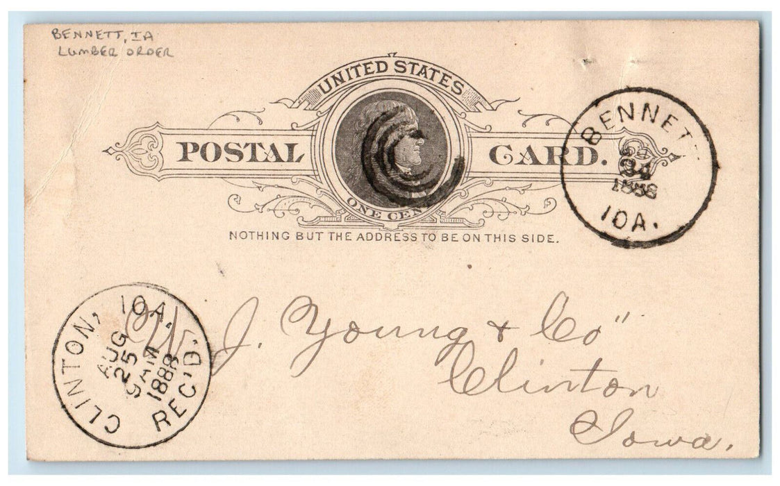 1888 WJ Young & Co. Lumber Order Bennett Iowa IA Clinton IA Postal Card