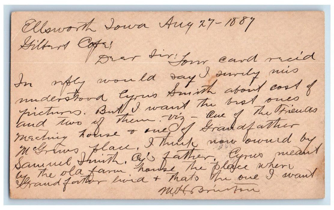 1889 Gilbert Cope West Chester Pennsylvania PA Ellsworth Iowa IA Postal Card