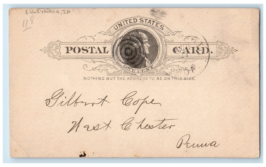 1889 Gilbert Cope West Chester Pennsylvania PA Ellsworth Iowa IA Postal Card