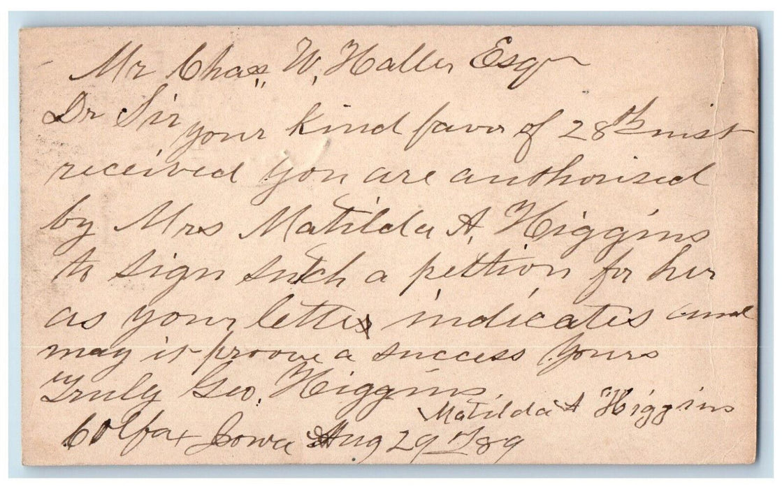 1889 Geo Higgins & MA Higgins Colfax Iowa IA Chas Haller Omaha NE Postal Card