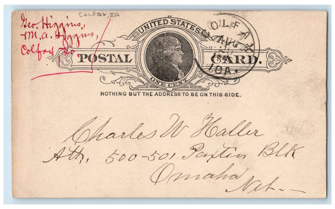 1889 Geo Higgins & MA Higgins Colfax Iowa IA Chas Haller Omaha NE Postal Card