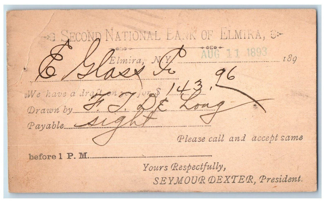 1893 Second National Bank of Elmira NY Elmira Glass Elmira NY Postal Card