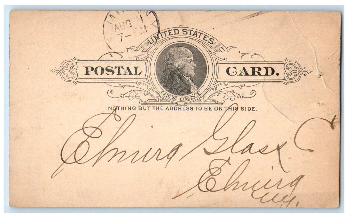 1893 Second National Bank of Elmira NY Elmira Glass Elmira NY Postal Card