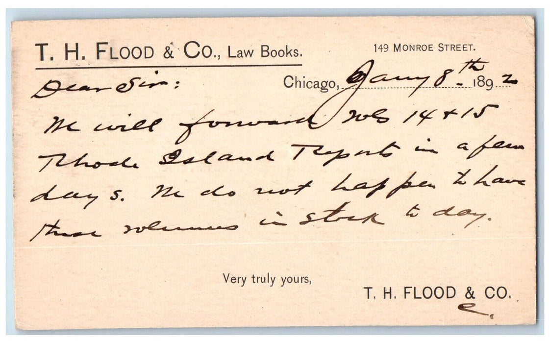 1892 T.H. Flood & Co., Law Books Lawyer Chicago Illinois IL Omaha NE Postal Card