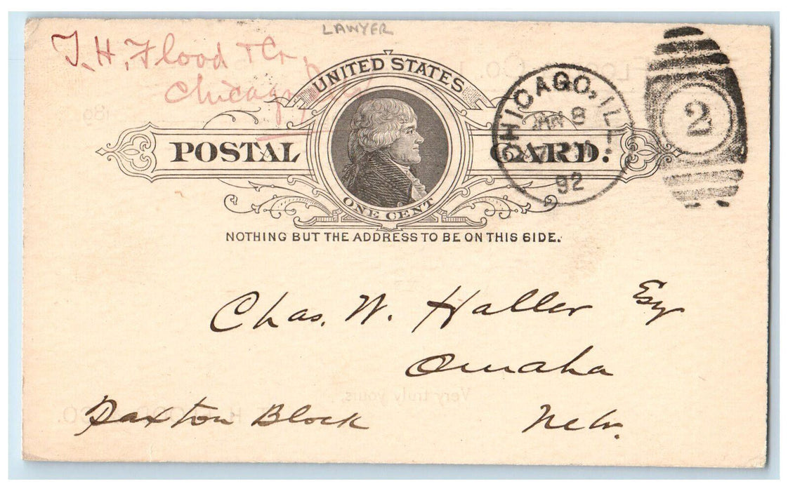 1892 T.H. Flood & Co., Law Books Lawyer Chicago Illinois IL Omaha NE Postal Card