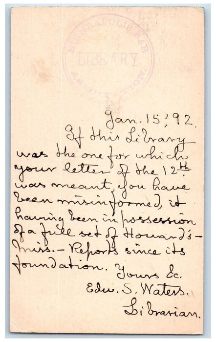 1892 Minneapolis Bar Library Association Librarian MN Edu Waters NE Postal Card