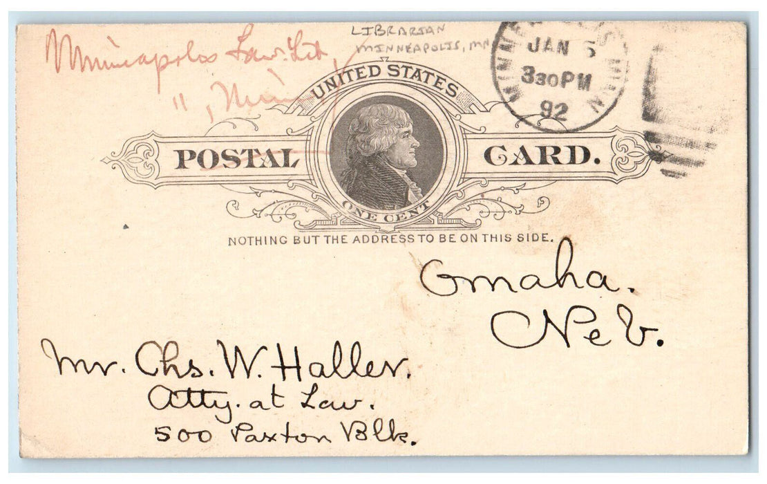 1892 Minneapolis Bar Library Association Librarian MN Edu Waters NE Postal Card