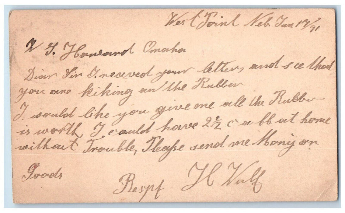 1891 R.H. Wulf West Point Nebraska NE WS Howard Omaha NE Antique Postal Card