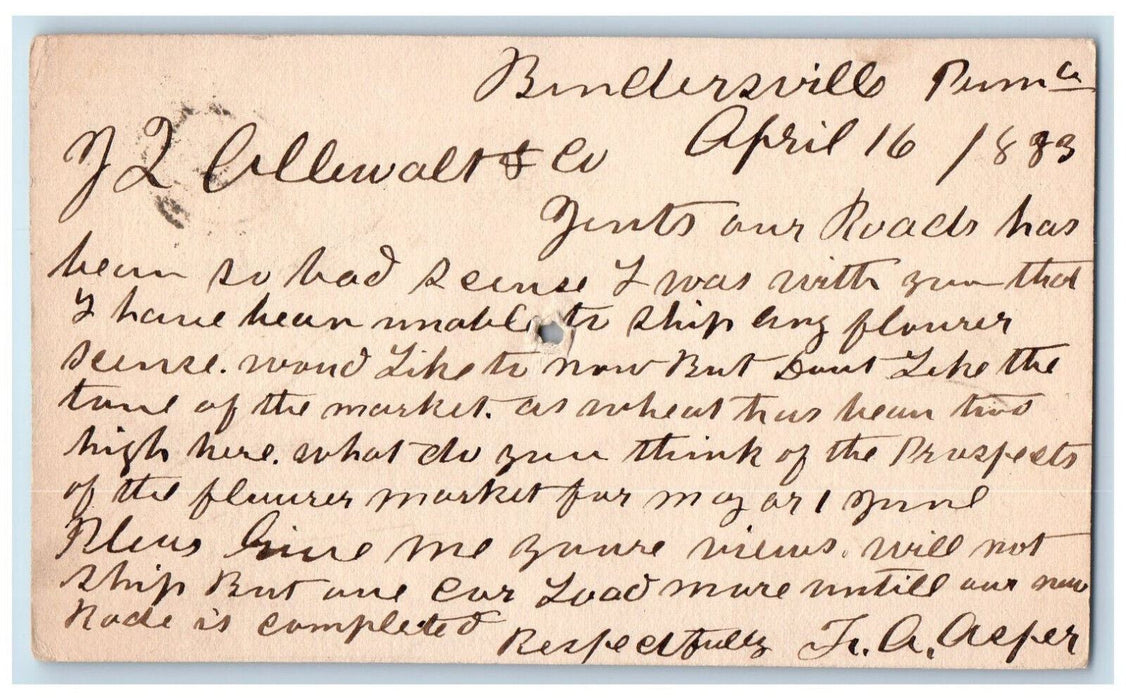 1883 J. Allewalt & Co. Bendersville Pennsylvania PA Baltimore MD Postal Card