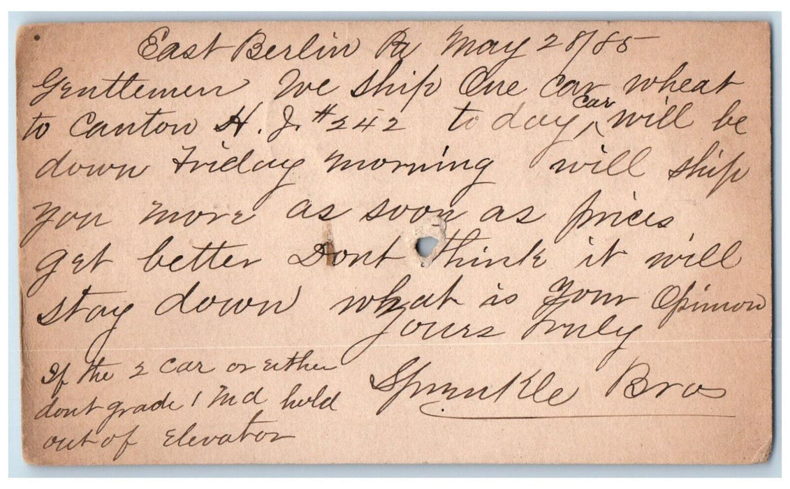 1885 Wheat Order East Berlin Pennsylvania PA Hanover PA Posted Postal Card