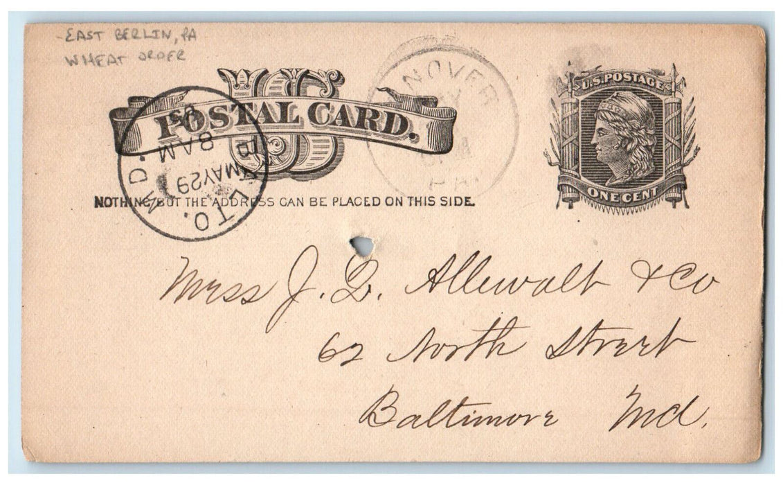 1885 Wheat Order East Berlin Pennsylvania PA Hanover PA Posted Postal Card