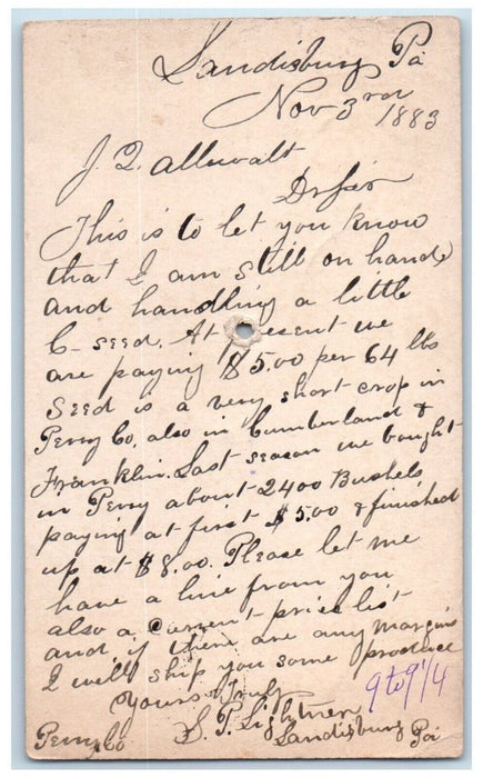 1883 J Allewalt & Co. Landisburg Pennsylvania PA Baltimore MD Postal Card