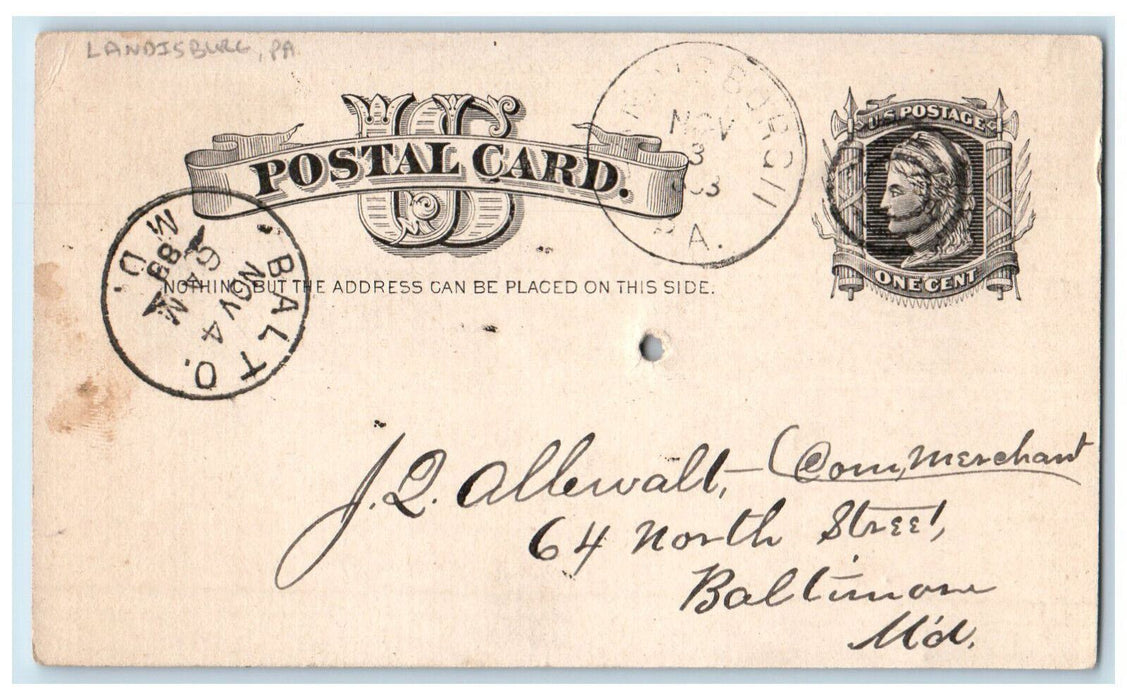 1883 J Allewalt & Co. Landisburg Pennsylvania PA Baltimore MD Postal Card