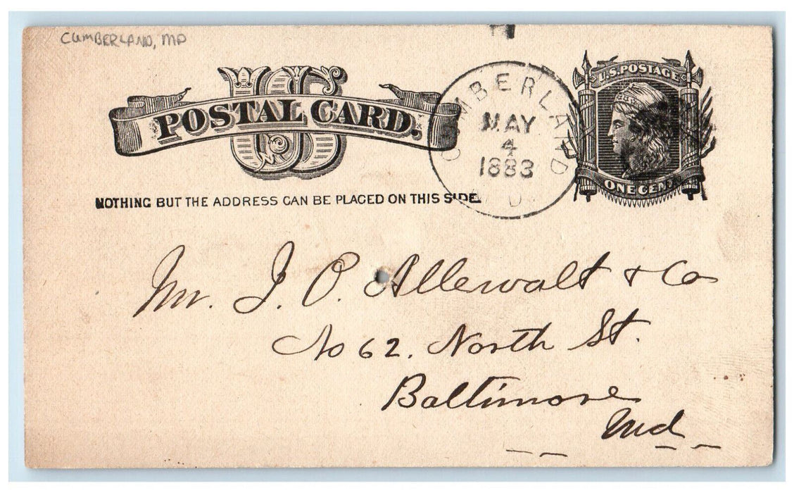 1883 J Allewalt & Co. Baltimore MD Cumberland Maryland MD Posted Postal Card